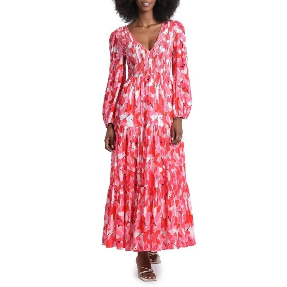 NWT Molly Bracken Louise Floral Maxi Dress XL Tiered Pink White Smocked Preppy